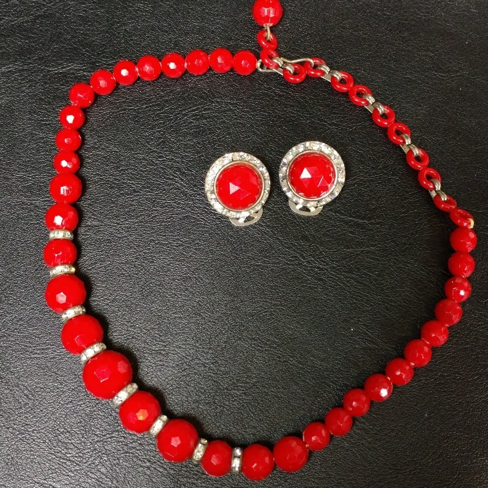 Vintage mid-century red and rhinestone demi parure
